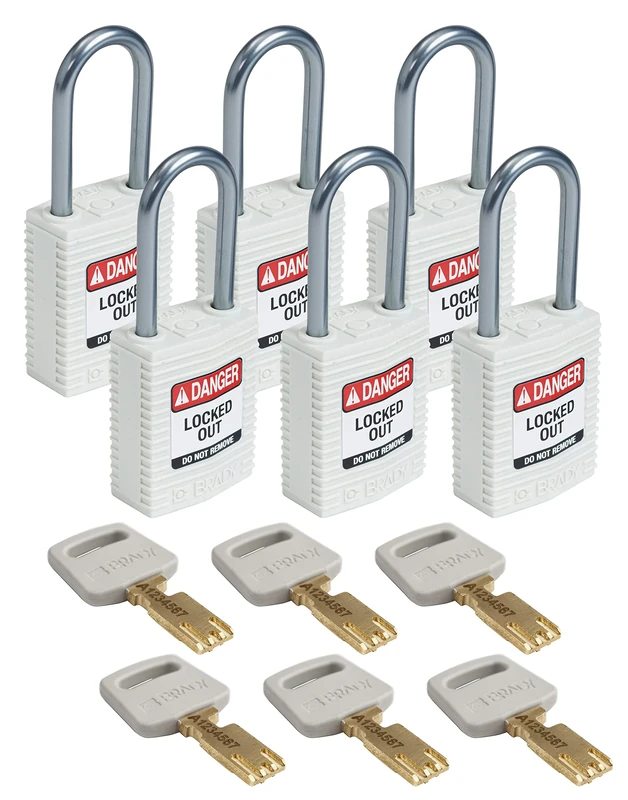 Brady CPT-WHT-38AL-KD6PK SafeKey Padlock, White, 3.0 in H x 1.25 in W x 0.75 in D