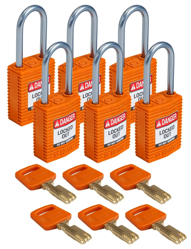 Brady CPT-ORG-38AL-KD6PK SafeKey Padlock, Orange, 3.0 in H x 1.25 in W x 0.75 in D