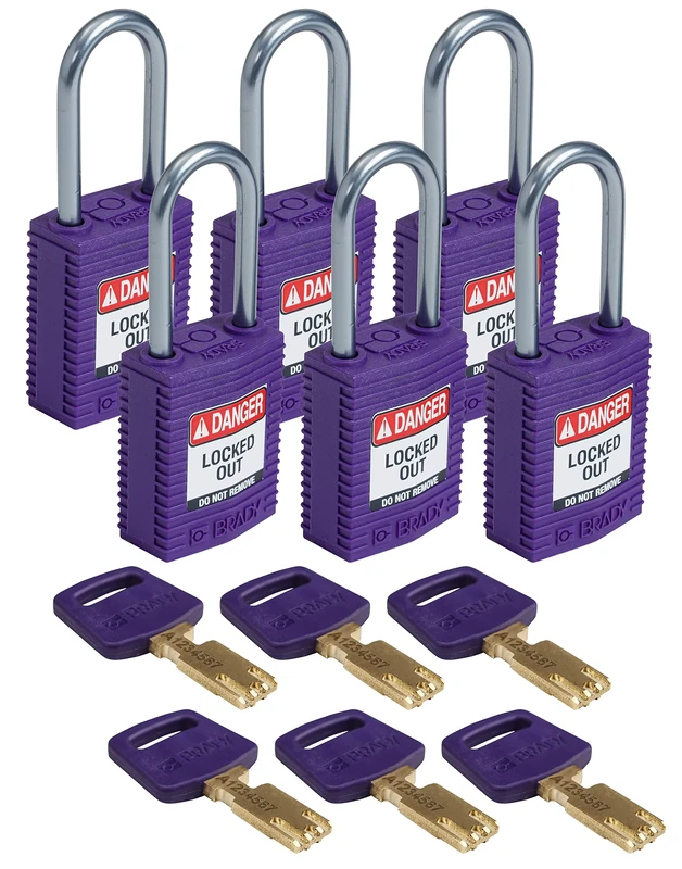 Brady CPT-PRP-38AL-KD6PK SafeKey Padlock, Purple, 3.0 in H x 1.25 in W x 0.75 in D