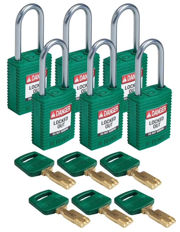 Brady CPT-GRN-38AL-KD6PK SafeKey Padlock, Green, 3.0 in H x 1.25 in W x 0.75 in D, Set of 6 Pieces