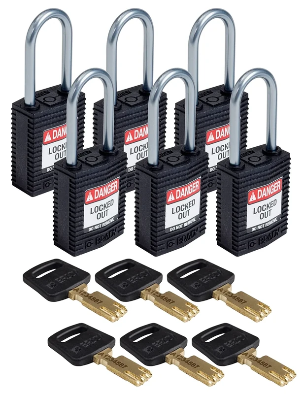 Brady CPT-BLK-38AL-KD6PK SafeKey Padlock, Black, 3.0 in H x 1.25 in W x 0.75 in D
