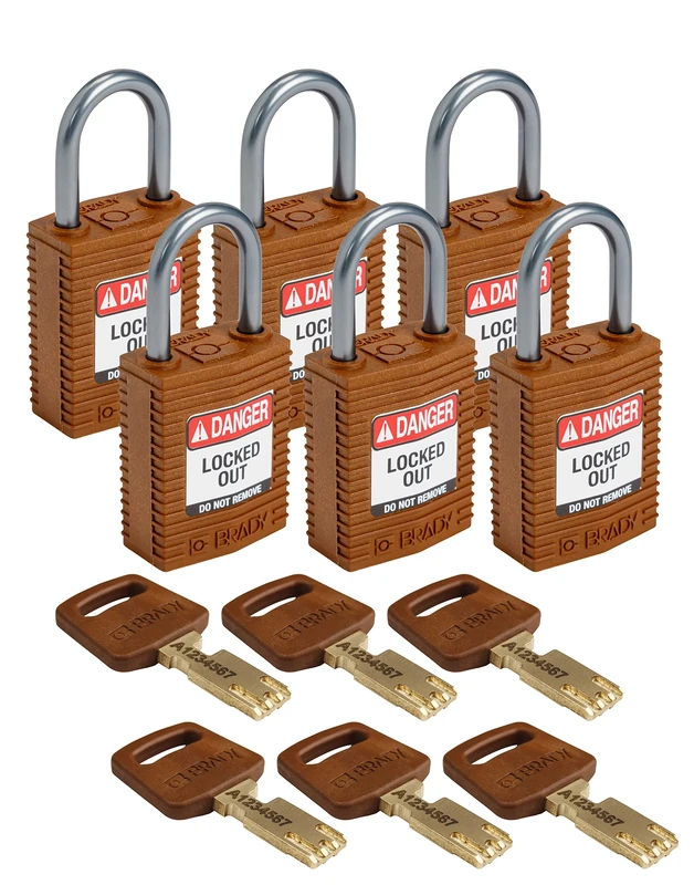 Brady CPT-BRN-25AL-KD6PK SafeKey Padlock, Brown, 2.6 in H x 1.25 in W x 0.75 in D