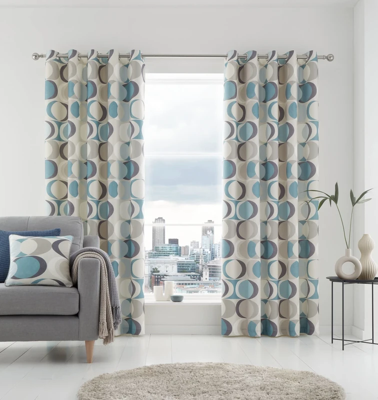 Fusion Retro Geometric Curtains – Duck Egg – W168 x L183cm – 2 Panels – 100% Cotton – Eyelet – Crescent Circle Drapes for Bedroom & Living Room – Modern Printed Design