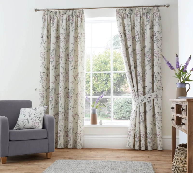 Dreams & Drapes Design - Jazmine - 100% Cotton, Fully Lined, Pencil Pleat Pair of Pencil Pleat Curtains With Tie-Backs - 90" Width x 72" Drop (229 x 183cm) in Heather