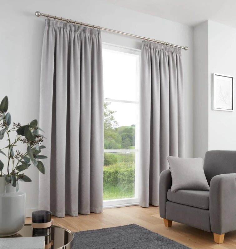 Fusion Silver Pencil Pleat Curtains W90 x L72" (229x183cm) – 100% Cotton – Thermal & Soundproof – 2 Panels – Light Grey Bedroom Drapes – Lined Window Curtains – Classic Pleated Design