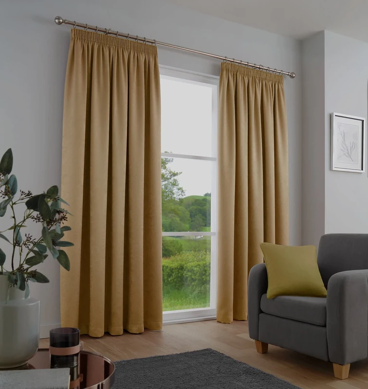 Fusion - Galaxy - Pair of Dim-out Pencil Pleat Curtains - 66" Width x 90" Drop (168 x 229cm) in Ochre