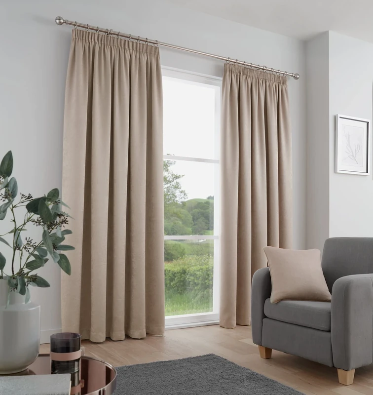 Fusion Strata Pencil Pleat Curtains – Natural – W90 x L90 (229 x 229cm) – 2 Panels – 100% Cotton – Thermal & Soundproof Drapes for Bedroom and Living Room