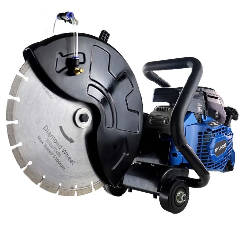 Hyundai Petrol Disc Cutter 58cc 2-Stroke, 300mm Blade Diameter & 105mm Cutting Depth, 12” with Diamond Cutting Disc, Wheeled Skid Plate & 3 Year Warranty