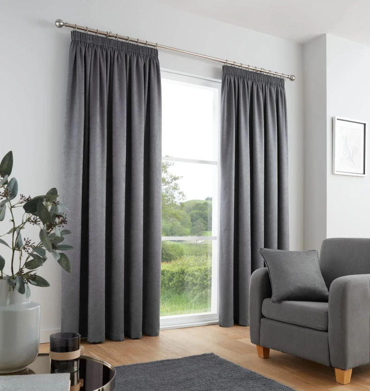 Fusion Charcoal Grey Pencil Pleat Curtains W90 x L90" (229x229cm) – 2 Panels – 100% Cotton Thermal Drapes – Soundproof Window Treatment for Bedroom – Dark Grey Pleated Design
