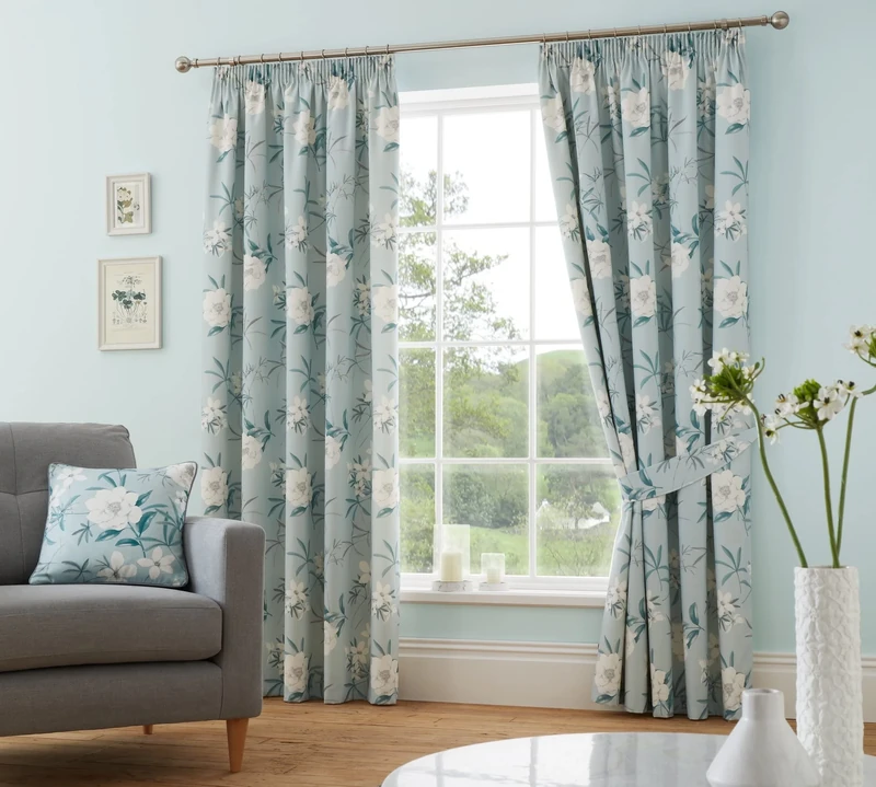 Dreams & Drapes Design - Eve - Pair of Pencil Pleat Curtains With Tie-Backs - Duck Egg, 66" Width x 90" Drop (168 x 229 cm)