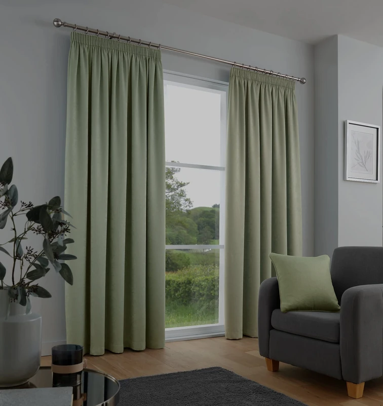 Fusion Sage Green Pencil Pleat Curtains – W229 x L183cm – 2 Panels – 100% Cotton – Thermal & Soundproof Drapes – Light Green Bedroom Window Furnishing
