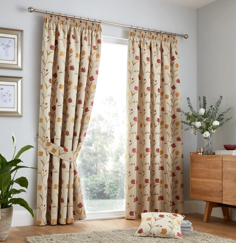 Curtina Natural & Red Floral Pencil Pleat Curtains – W168 x L229cm (66x90) – Heavyweight Jacquard – Vintage Flower Drapes – Fully Lined – Bedroom & Living Room Curtains – Elegant & Timeless Design