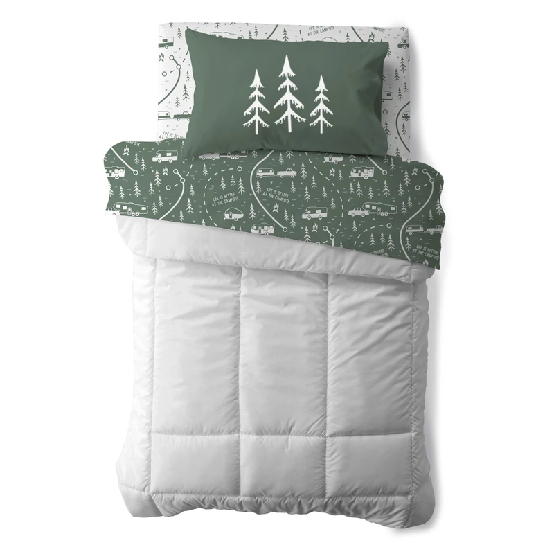 Camco Life is Better at The Campsite Camper/RV Bunk Sized Bed Sheets | Features Green & White Map Design | Crafted of Soft Machine Washable Polyester | 3-Piece Set (53477)