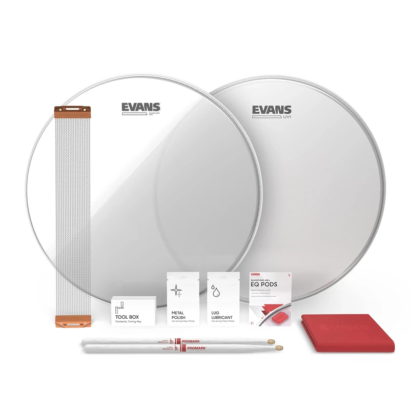 Evans UV1 Snare Drum Tune Up Kit - Contains UV Drum Head, Resonant Snare Head, ProMark 5a Drumsticks, Snare Wire, Drum Key, EQ Pods Dampener, Lug Lubricant, Metal Polish, Polishing Cloth - 14 inch