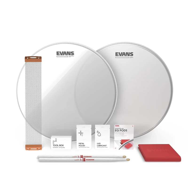 Evans UV1 Snare Drum Tune Up Kit - Contains UV Drum Head, Resonant Snare Head, ProMark 5a Drumsticks, Snare Wire, Drum Key, EQ Pods Dampener, Lug Lubricant, Metal Polish, Polishing Cloth - 13 inch