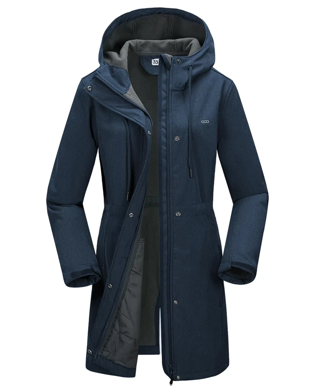 33,000ft Women’s Softshell Jacket with Hood Waterproof Ladies Functional Jacket Fleece Lined Windbreaker Breathable Raincoat Hooded Long Coats for Cycling Hiking Outdoor Blue L