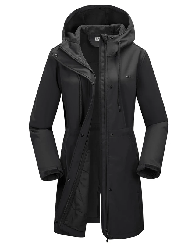33,000ft Women’s Softshell Jacket with Hood Waterproof Ladies Functional Jacket Fleece Lined Windbreaker Breathable Raincoat Hooded Long Coats for Cycling Hiking Outdoor Black M