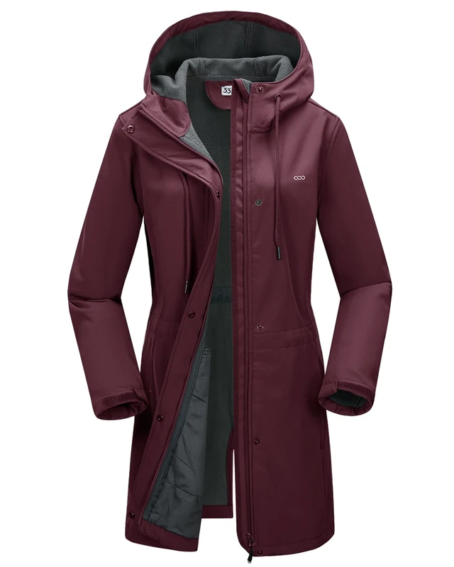 33,000ft Women’s Softshell Jacket with Hood Waterproof Ladies Functional Jacket Fleece Lined Windbreaker Breathable Raincoat Hooded Long Coats for Cycling Hiking Outdoor Wine Red XL