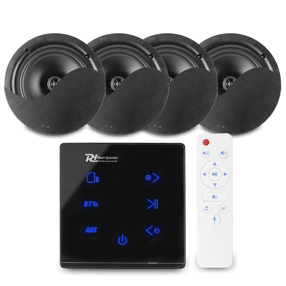 Power Dynamics Powerline A100B Bluetooth Ceiling Speaker System, Home Audio Amplifier Kit with 4x NCSS5B 5.25" Black Speakers & Wall Panel Amplifier for Wireless Music Streaming