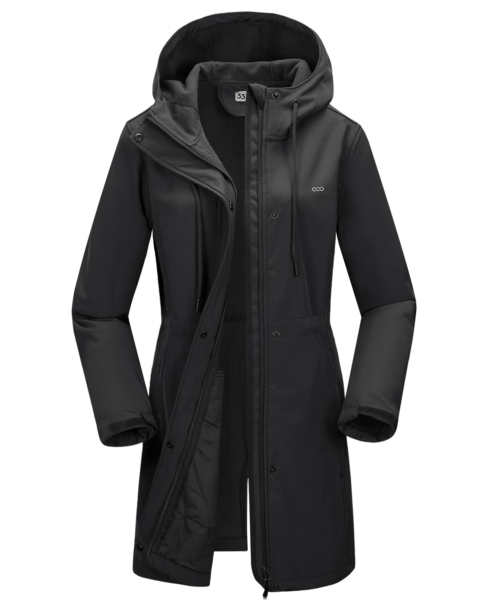 33,000ft Women’s Softshell Jacket with Hood Waterproof Ladies Functional Jacket Fleece Lined Windbreaker Breathable Raincoat Hooded Long Coats for Cycling Hiking Outdoor Black L