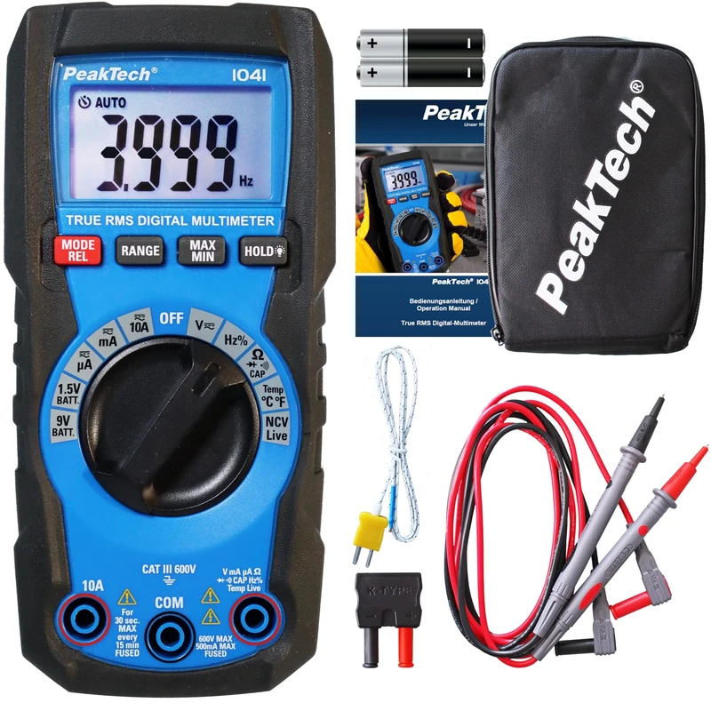 PeakTech 1041 – True RMS Digital Multimeter, Auto-Range, 4.000 Counts, Durchgangsprüfer, Mehrfach-Messgerät, Voltmeter; 600V - 10A AC/DC - CAT III, Black