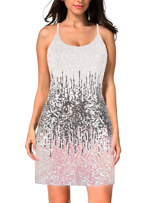 MANER Women's Glitter Sequin Dress Adjustable Spaghetti Strap Sparkle Party Dresses, White/Silver/Iridescent, Medium
