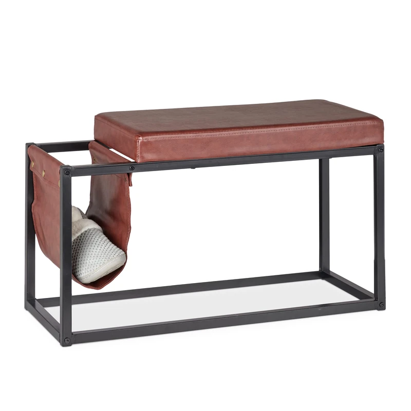 Relaxdays Sitting Bench with Removable Side Pocket, Leather Look, for Hallway & Bedroom, 42.5 x 77 x 38 cm, Brown/Black - Image 1