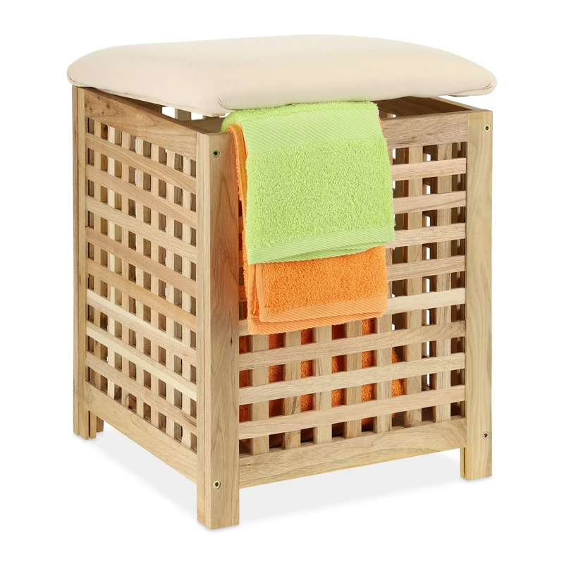 Relaxdays Laundry Basket with Seat, Walnut, 50x39x39 cm, 45 l Washing Box, Bathroom Stool with Storage Space, Natural