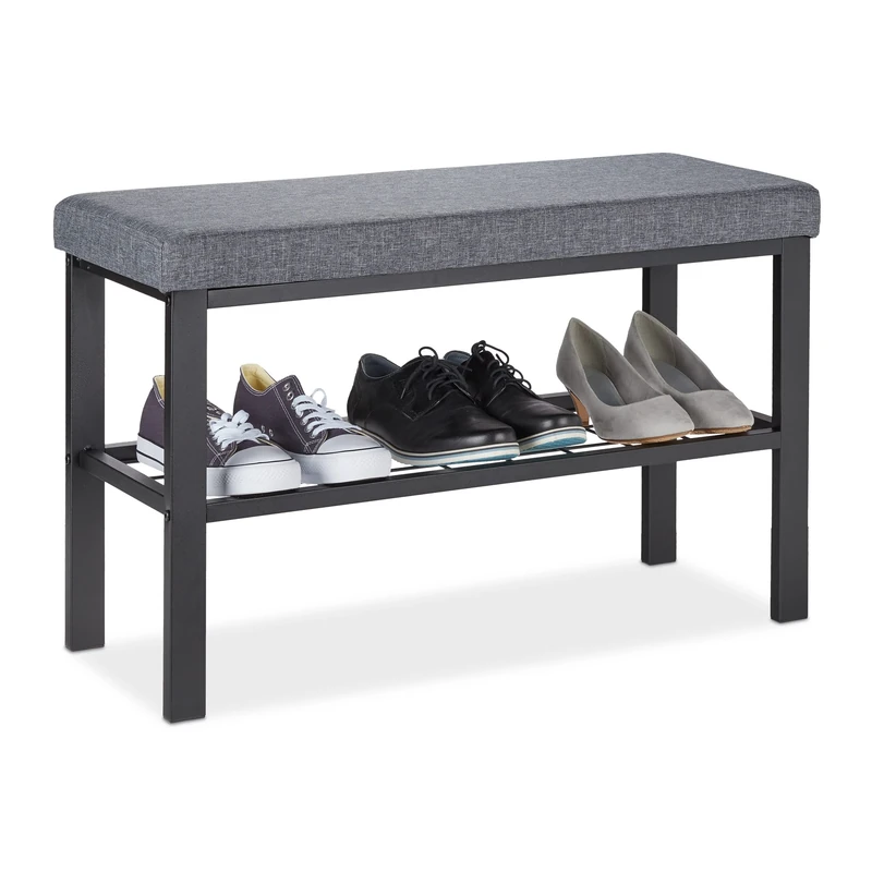 Relaxdays Shoe Bench, 1 Shelf, Shoeshelf with Seat, Upholstered, 50.5 x 81 x 32 cm, for Hallway or Bedroom, Black/Grey, Iron