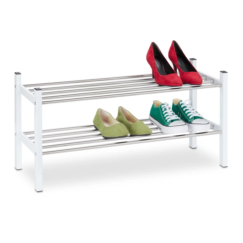 Relaxdays Stackable Shoe Rack with 2 Levels, H x W x D: 38 x 76 x 30 cm, Metal, up to 6 Pairs of Shoes, White / Silver