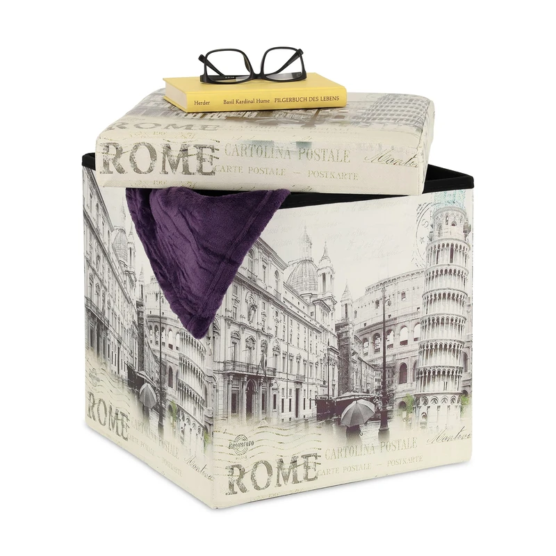 Relaxdays Pouffe with Storage Space, Padded Stool, Vintage Rome Design, Foldable, 38 x 37.5 x 37.5 cm, White & Pattern, Fibreboard