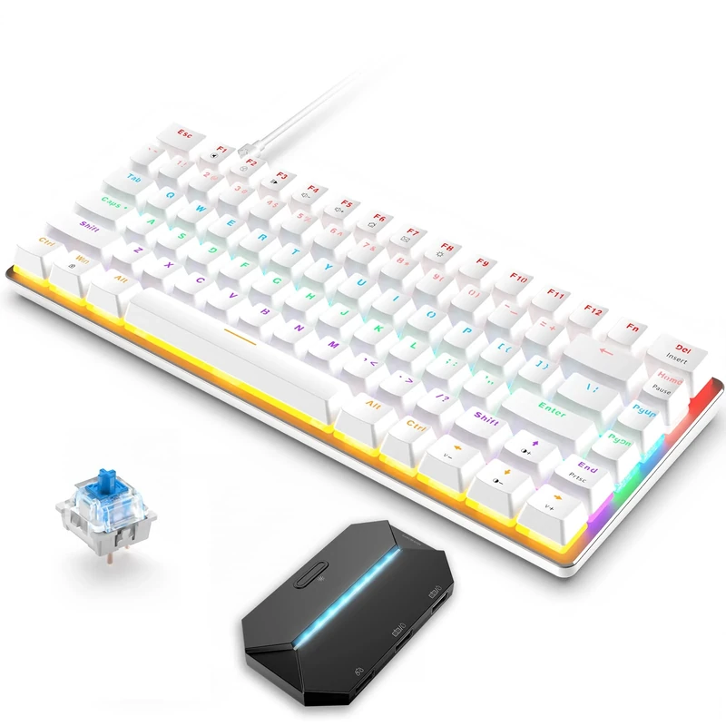82 Keys Wired Gaming Mechanical Keyboard & Adapter, 80% Rainbow LED Backlight Blue Switches Anti-Ghosting Ergonomic Compact Keypad for Windows Mac Linux PC PS4 XBox N-Switch Console Gamers, White