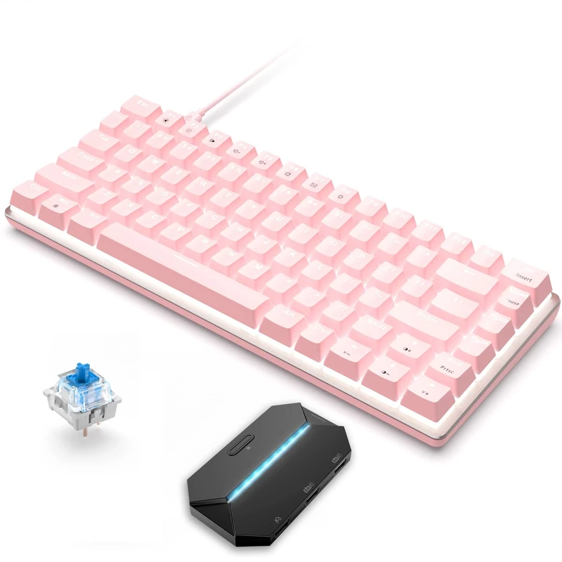 82 Keys Wired Gaming Mechanical Keyboard & Adapter, 80% White LED Backlight Blue Switches Anti-Ghosting Ergonomic Compact Keypad for Windows Mac Linux PC PS4 XBox N-Switch Console Gamers, Pink