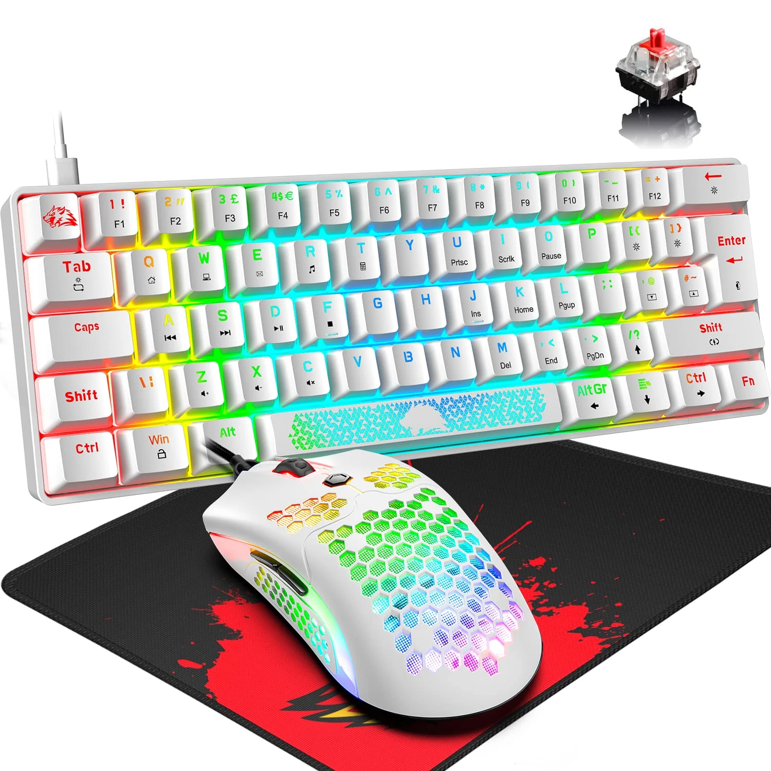 RGB Mini 60% Mechanical Gaming Keyboard UK Layout 62-Key 18 Chroma Backlit Red Switch Wired Compact Keyboard with radiant Spacebar+12000DPI 65G Lightweight Gaming Mouse for PS4/Xbox/PC/Laptop-White