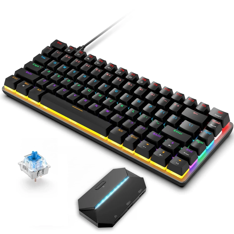 82 Keys Wired Gaming Mechanical Keyboard & Adapter, 80% Rainbow LED Backlight Blue Switches Anti-Ghosting Ergonomic Compact Keypad for Windows Mac Linux PC PS4 XBox N-Switch Console Gamers, Black