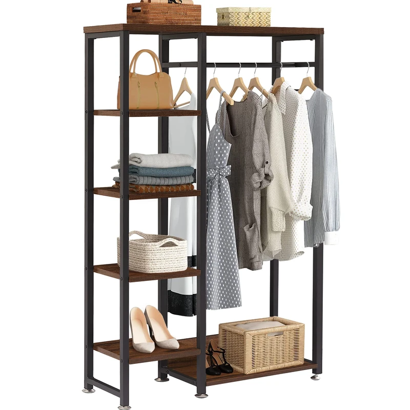 VECELO Free-Standing Garment Rack, Heavy Duty Closet Storage Organizer with 5 Shelves and Hanging Rod, Black Metal Frame, Easy Assembly, Rustic Brown - Image 1
