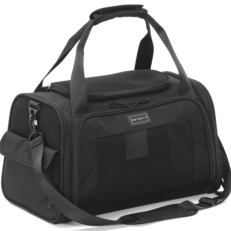 Petsfit Pet Carrier Airline Approve Cat Carrier Soft Sided,Expandable mat and Ventilation Mesh Lightweight Pet Carrier Bag for Cat and Small Dogs, Black