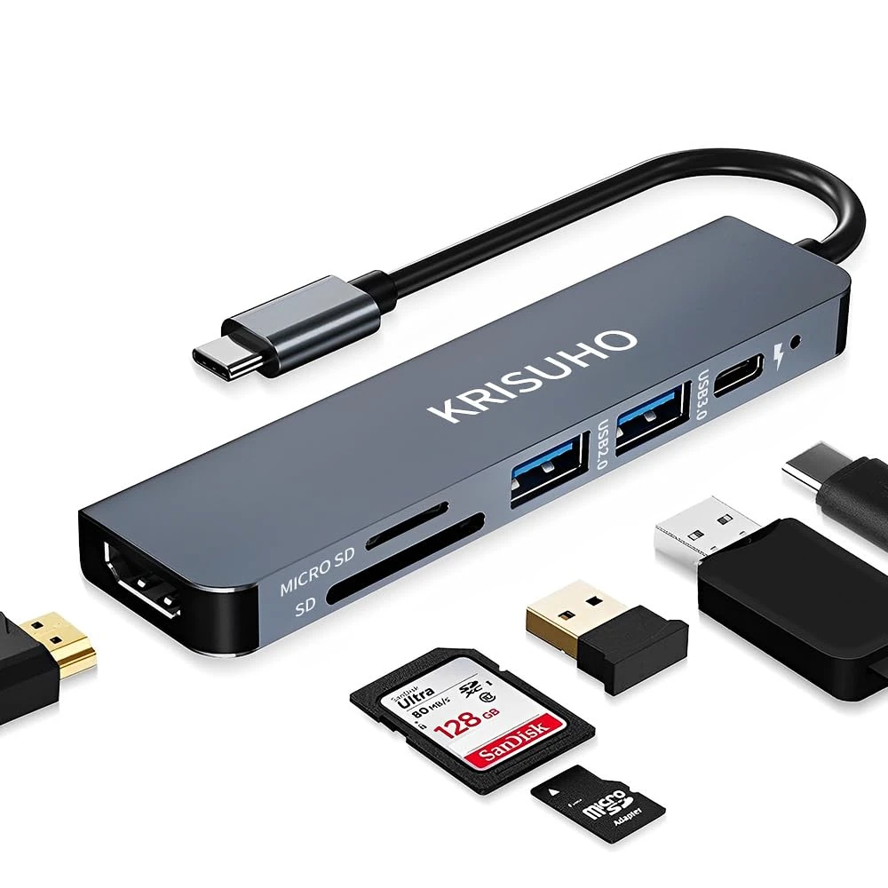 KRISUHO macbook USB C Hub 6 in 1 USB C to HDMI Multiport Adapter with 4K HDMI1 USB 3.0/1 USB 2.0 60W PD Charging and MICRO SD/SD Card Reader for MacBook XPS Samsung Phones Laptop and more