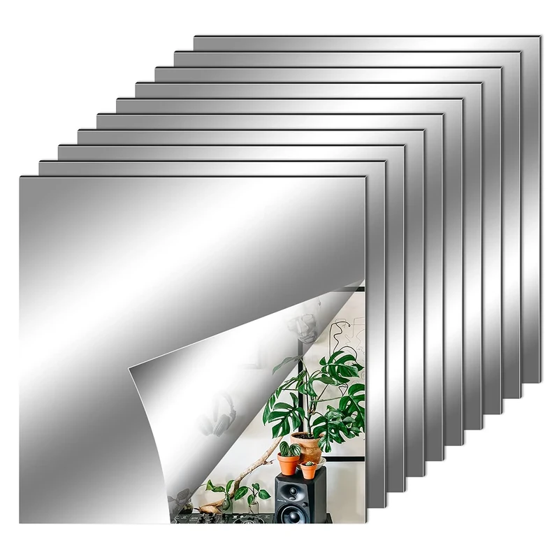 10 Pack Self Adhesive Mirror Tiles, 6 x 6inch(2mm Thick) Flexible Non Glass Stick on Mirror Stickers for Home Wall Decoration