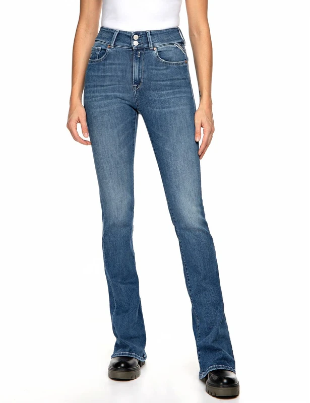 REPLAY Women's Newluz Flare Jeans, 009 Medium Blue, 32W x 34L