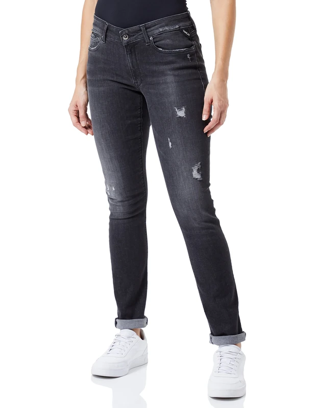 REPLAY Women's New Luz Broken Edge Jeans, 097 Dark Grey, 33W x 32L