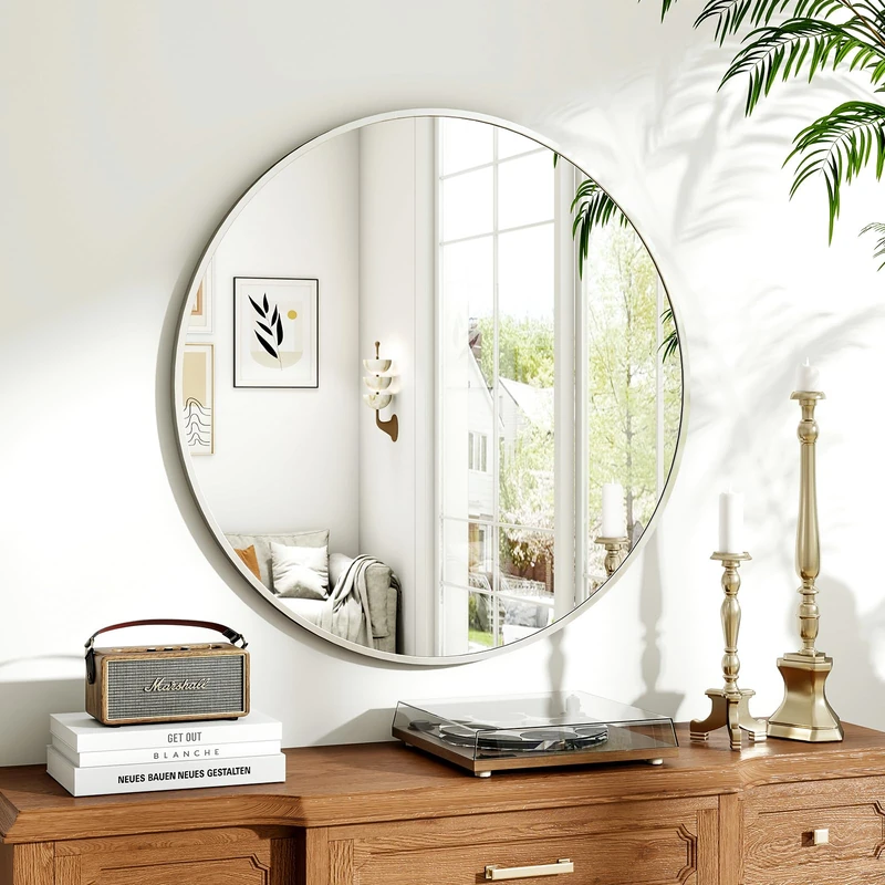 Koonmi 70 cm Silver Round Mirror, Circle Wall Mounted with Aluminum Alloy Frame, Classic Round Mirror for Bathroom over the Sink, Modern Hanging Hallway hang on the Wall, Silver