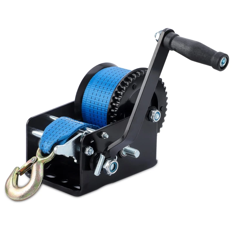 SPARKWHIZ Boat Trailer Winch Hand Winch, 3200 lbs Manual Winch with Heavy Duty 10m (33ft) Nylon Blue Strap Hand Crank Winch, Two Way Ratchet Winch with Hook for Trailer ATV Boat