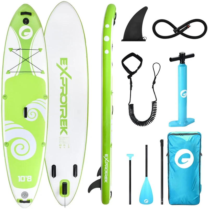 Exprotrek Stand Up Paddling Board, Inflatable SUP Board, Stand Up Paddle Board Set, 6 Inch Thick for with Paddle and Complete Accessories (2 People, 200 kg Max), Green-Wave