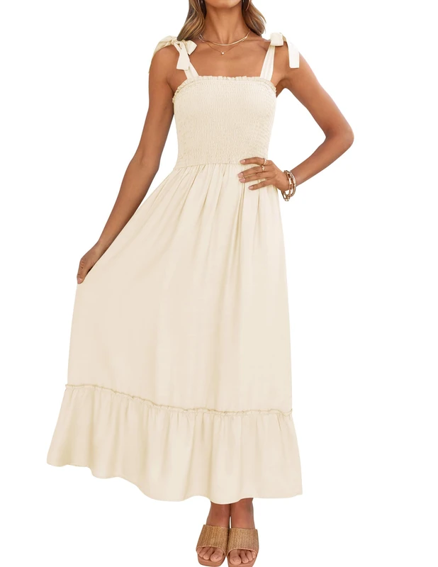 ZESICA Women's 2023 Summer Boho Spaghetti Strap Square Neck Solid Color Ruffle A Line Beach Long Maxi Dress, Apricot, Small