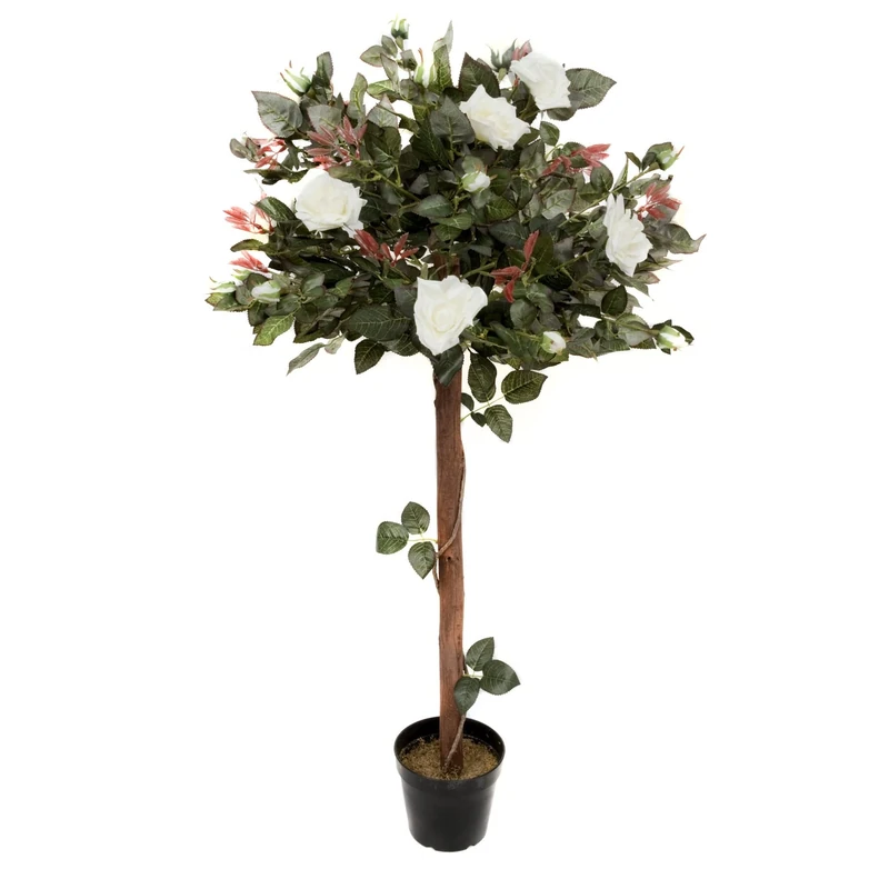 GreenBrokers Artificial White Rose Tree 30 Flowers 120cm/4ft, Faux Silk