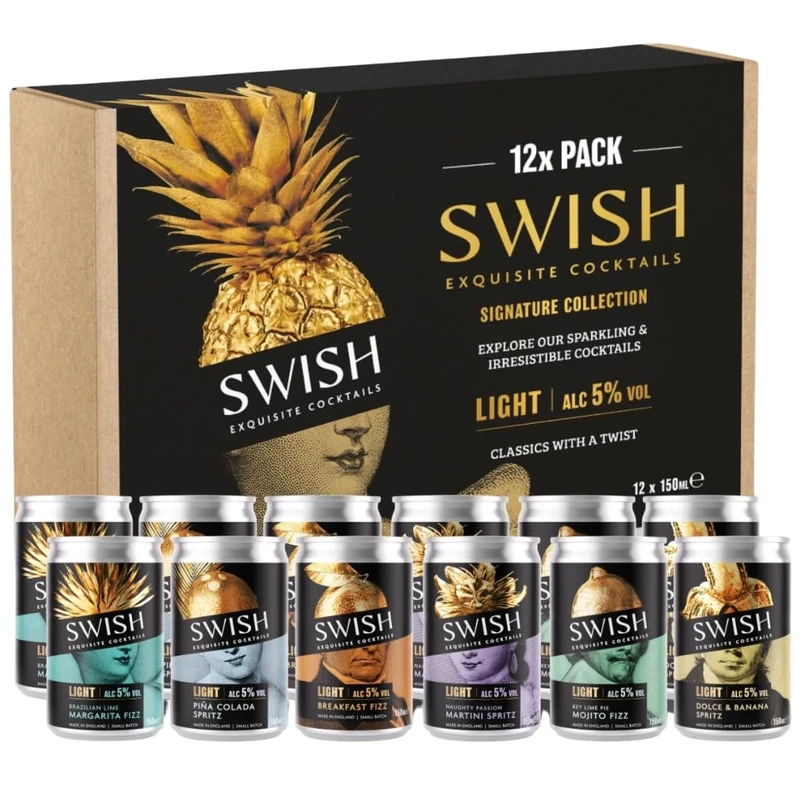 SWISH Cocktails Pre-Mixed Ready To Drink Alcohol Gift Set - Includes Mojito Fizz, Passion Fruit Martini, Pina Colada, Dolce & Banana Fizz, Margarita, Cocktail Drinks - 12 x 150ml Cocktail Cans, 5% ABV