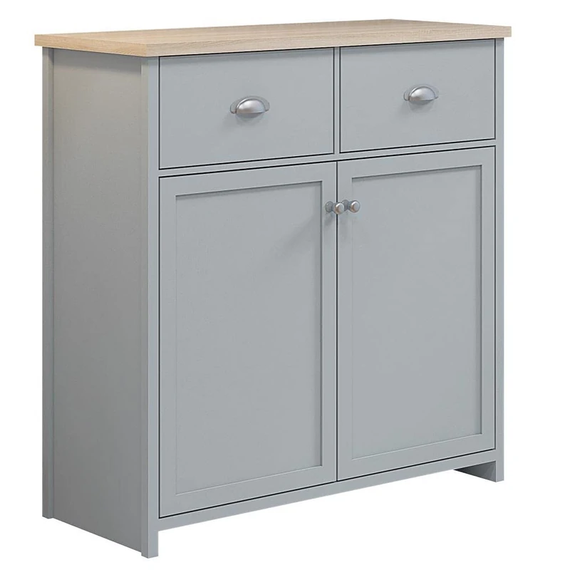 FWStyle Westbury Oak Effect Top 2 Door 2 Drawer Multi Storage Sideboard, Matt Grey