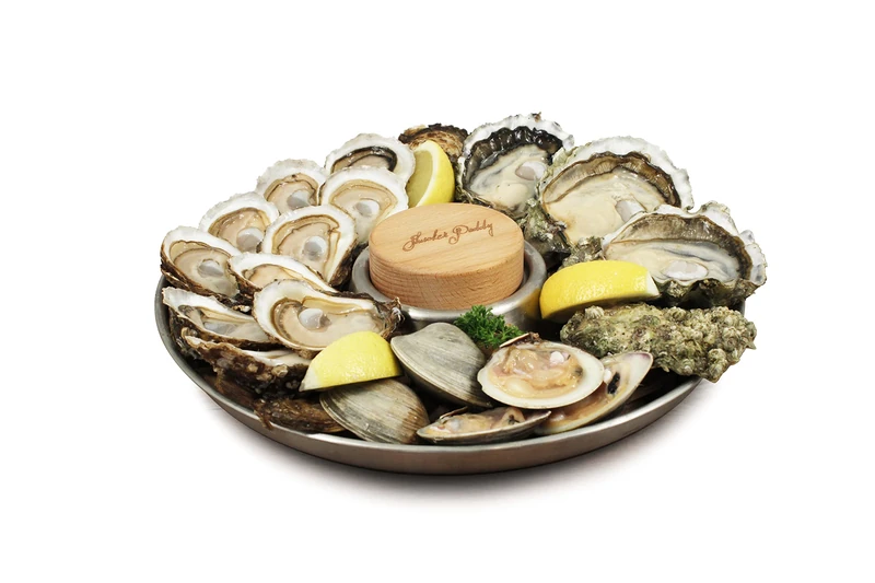 Swissmar Shucker Paddy SK2013TP Oyster Tray Set 2-Piece, Stainless Steel/Wood, (D) 32cm x (H) 8cm, 2-in-1 Shuck and Serve Oyster Set/Oven Safe Tray, Gift Boxed