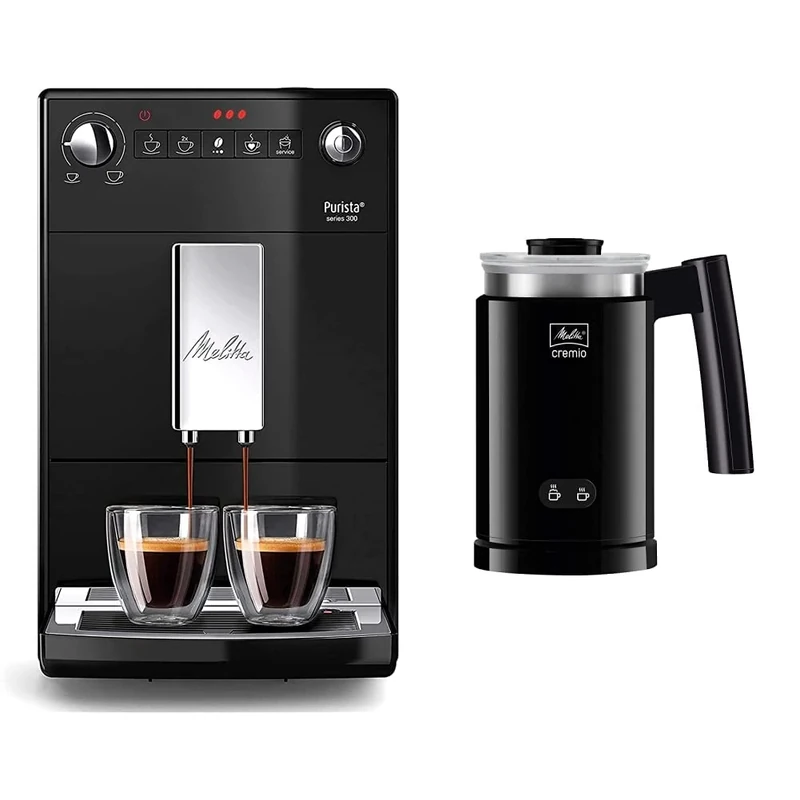 Melitta Automatic Espresso Machine, Purista Model, F230-102, Black, series 300 & 6758122 Cremio II Milk Frother, Bamboo, 450 W, Black